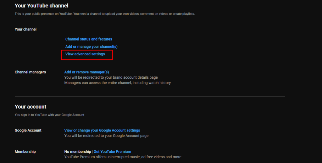halaman advanced settings channel YouTube untuk menghapus channel permanen
