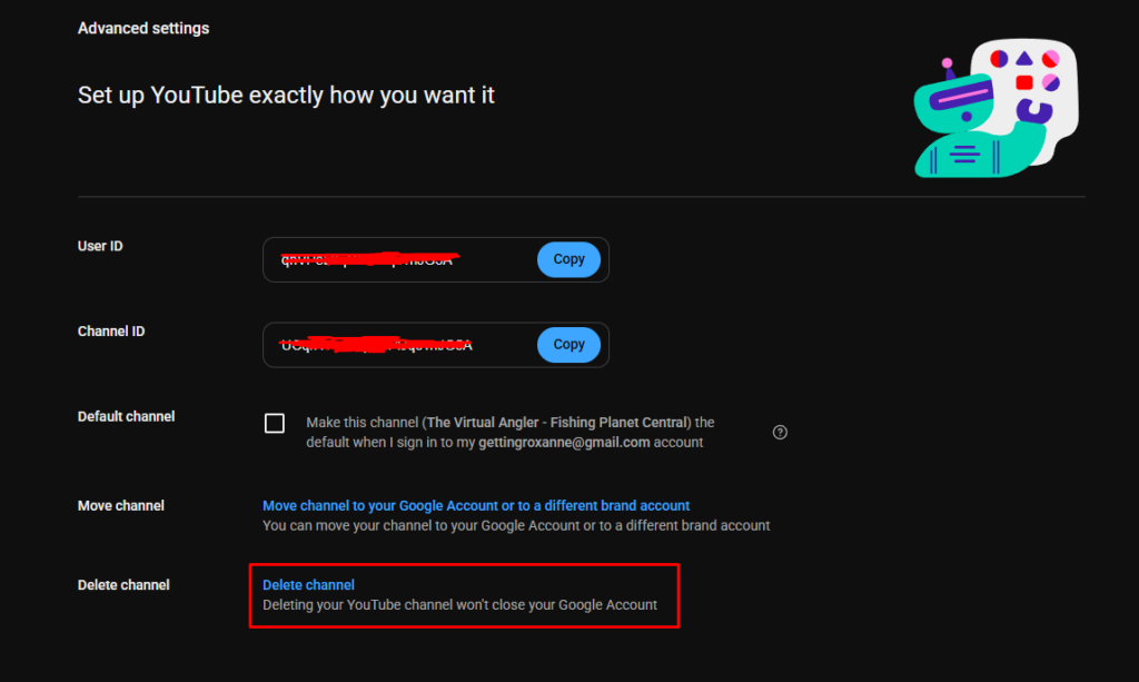 menu delete channel di advanced settings YouTube untuk menghapus channel permanen
