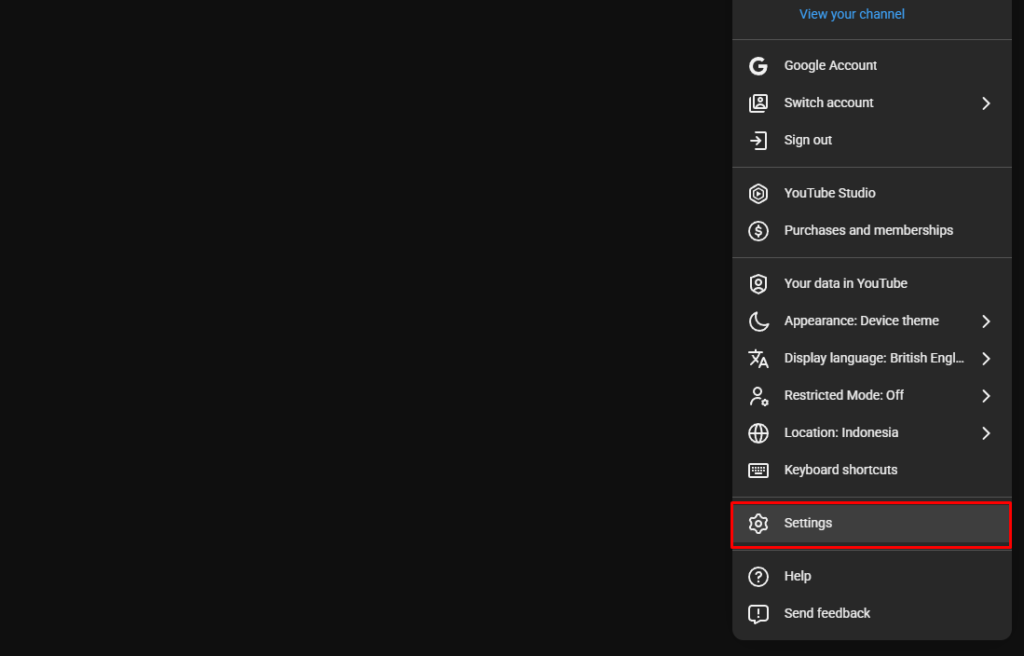 menu settings akun YouTube untuk menghapus channel permanen