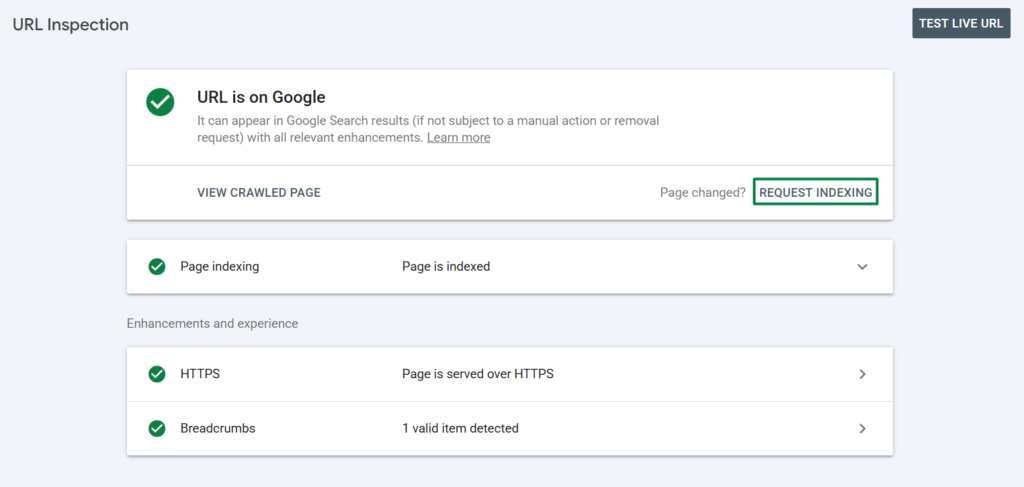 Search Console URL Inspection