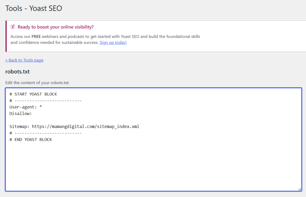 Editing a healthy robots.txt file in Yoast SEO with an empty Disallow line and a sitemap reference