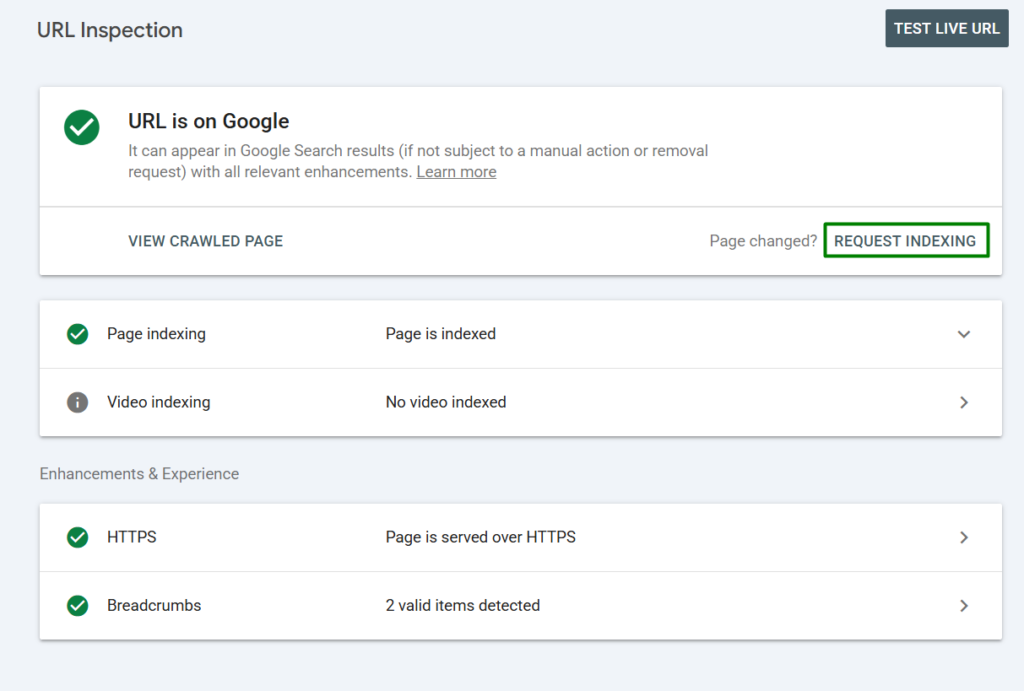 The URL Inspection tool in Google Search Console showing a page is indexed and on Google