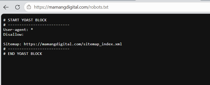 A healthy robots.txt file viewed in a browser, showing an empty Disallow line and a sitemap reference