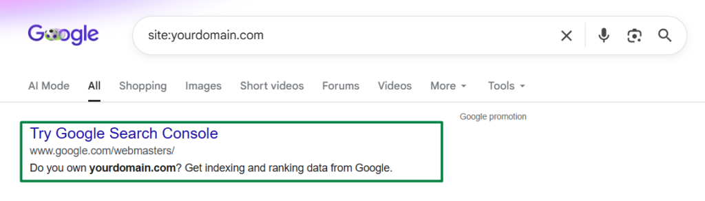 Using the site: search operator on Google to check if a website is indexed