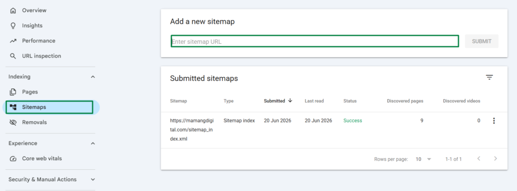 Submitting a sitemap in Google Search Console under the Indexing Sitemaps menu