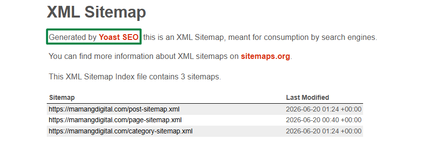 A Yoast XML sitemap index showing post, page, and category sitemaps