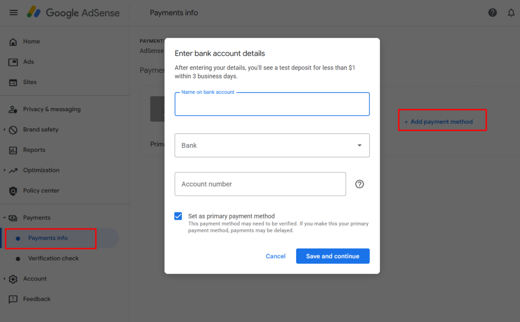 Checking payment name and address in the AdSense Payments info section