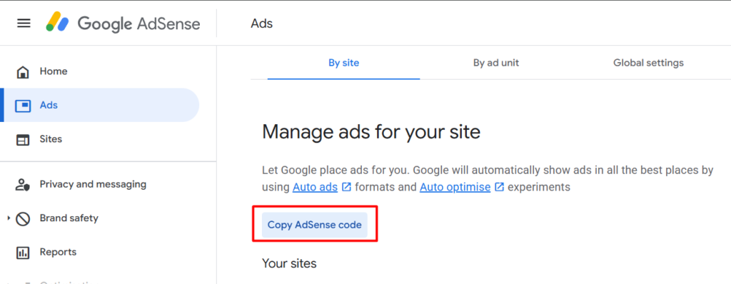 Copying the AdSense code snippet from the Ads section