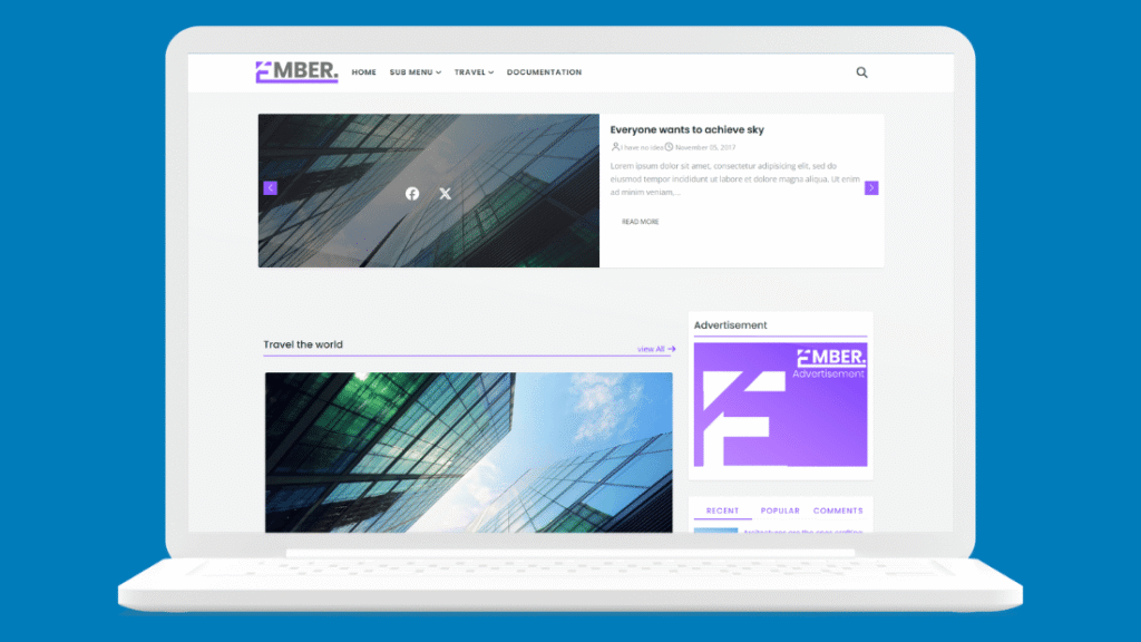 Ember free Blogger template homepage with autoplay featured slider and sticky sidebar