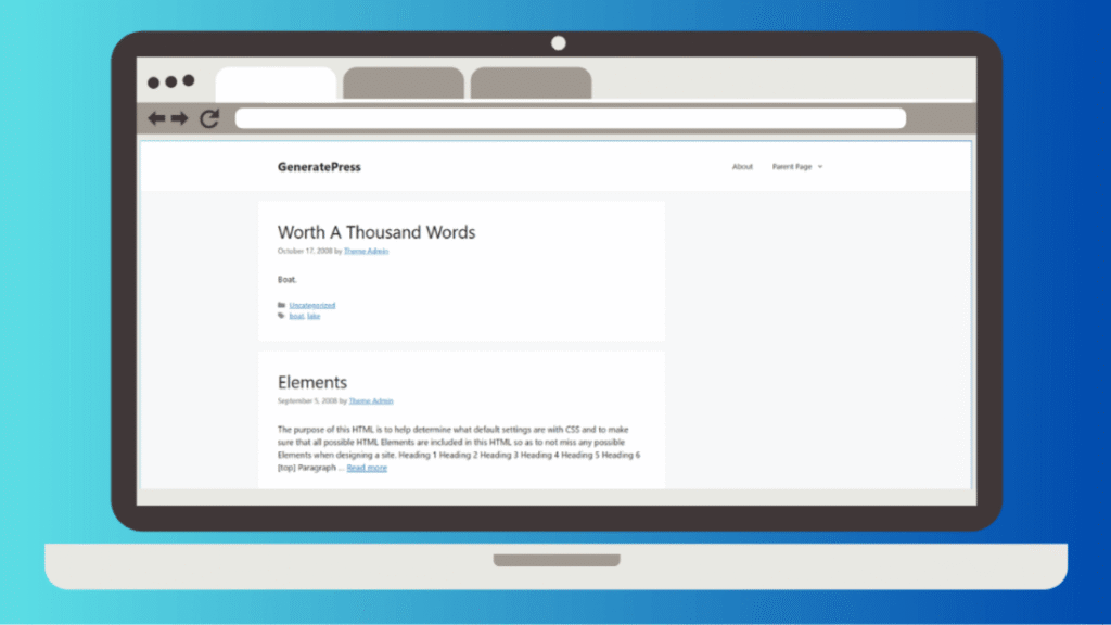 GeneratePress WordPress theme homepage showing its minimal default layout and typography
