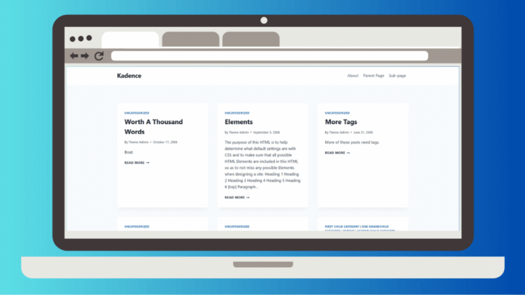 Kadence WordPress theme homepage with its drag and drop header builder layout