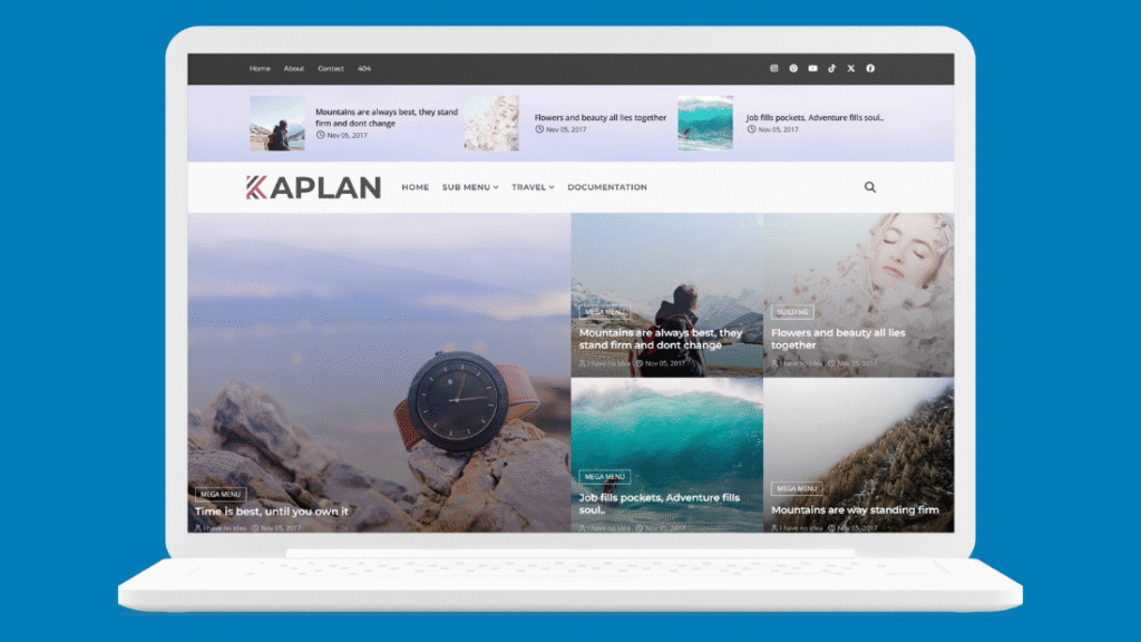 Kaplan free magazine Blogger template showing a five-post featured grid and story carousel
