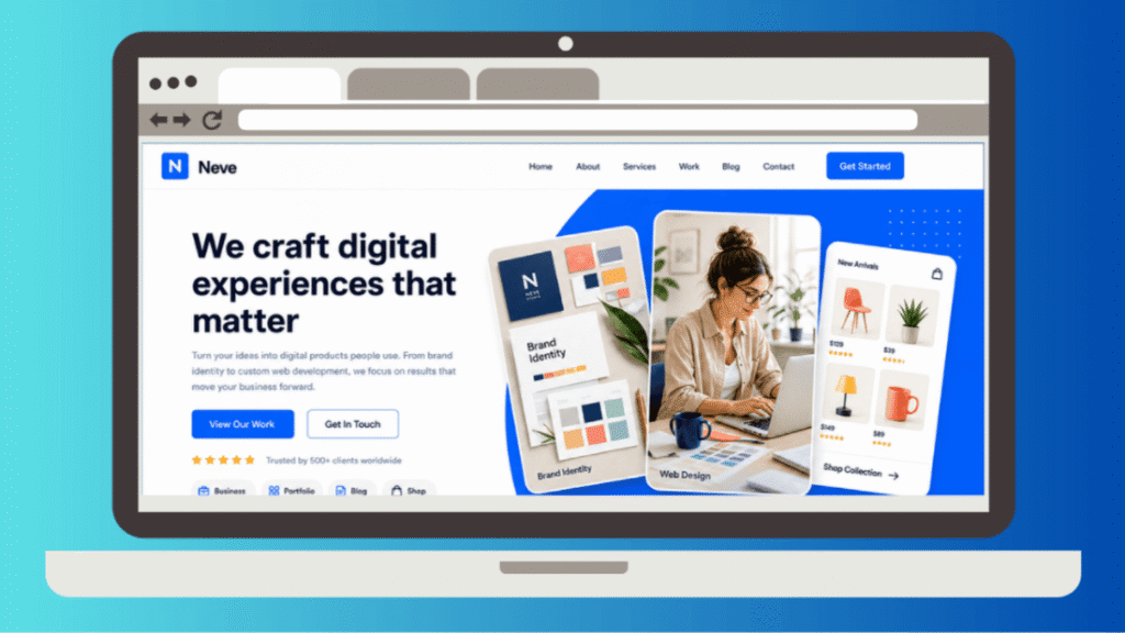Neve WordPress theme small business starter site shown on desktop and mobile