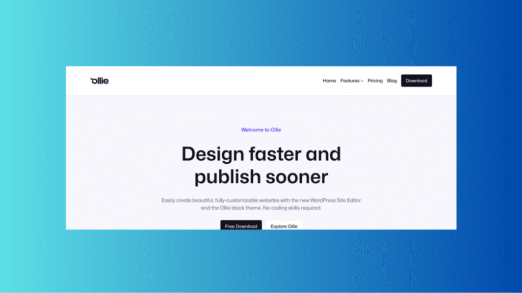 Ollie WordPress block theme homepage built from its full page pattern layouts