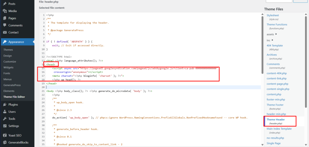 Pasting AdSense code into the header