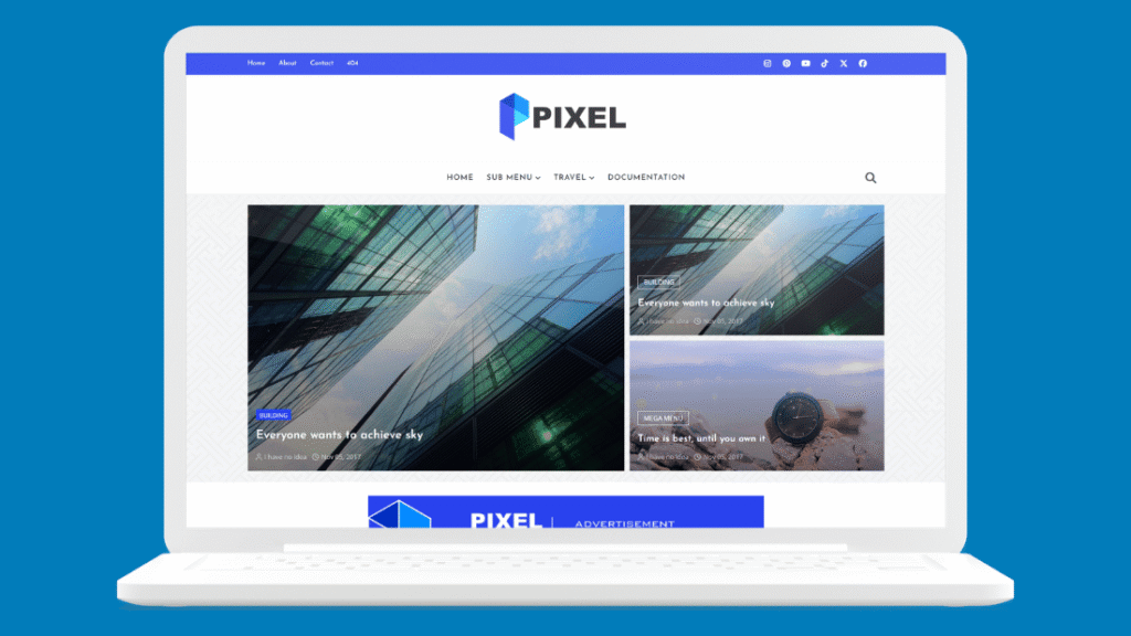 Pixel free Blogger template homepage with featured post grid, mega menu and banner ad slot