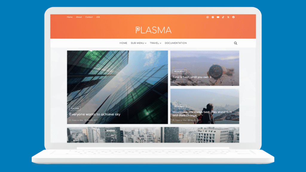 Plasma free travel Blogger template showing a four-post featured grid and infinite scroll