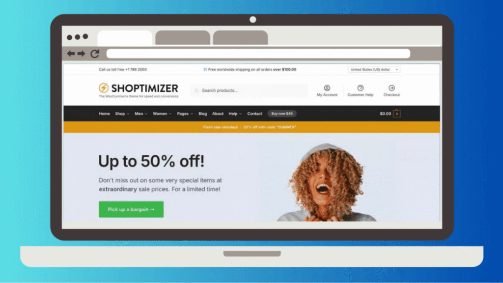 Shoptimizer WooCommerce theme distraction free checkout page with trust badges