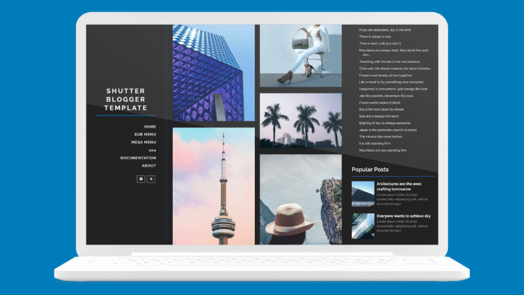 Shutter free portfolio Blogger template with fixed dark sidebar and masonry photo grid