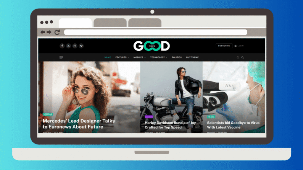 SmartMag WordPress news theme homepage with sticky menu and magazine grid