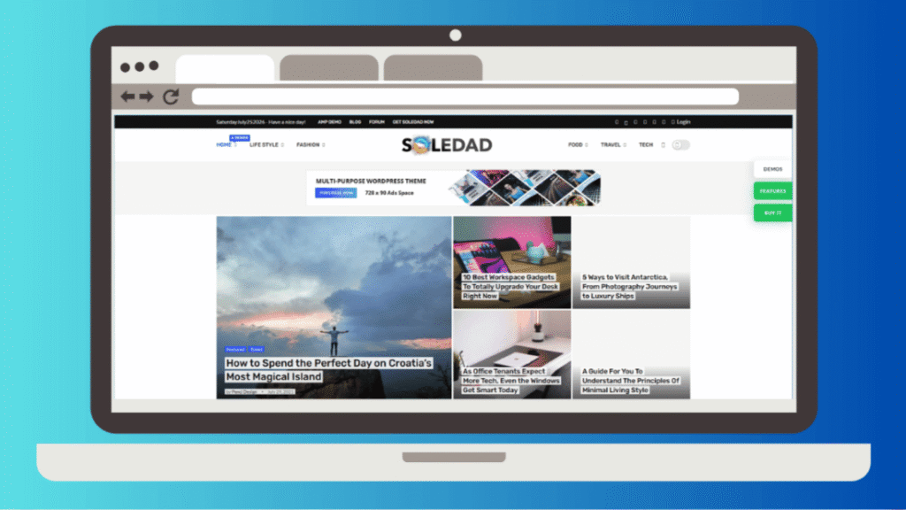 Soledad WordPress magazine theme homepage with featured slider and category sections