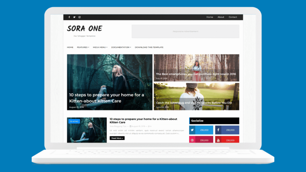 Sora One free Blogger template homepage with simple magazine layout and dropdown men