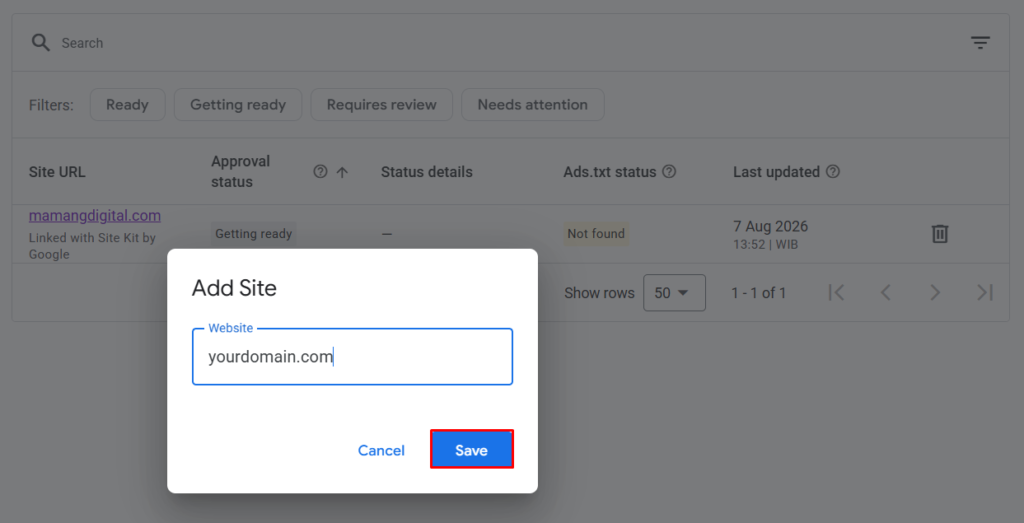 AdSense Add Site dialog with the Website field ready for a domain and the Save button