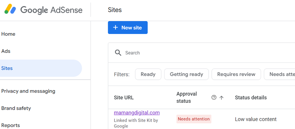 AdSense policy page showing a low value content violation for mamangdigital.com