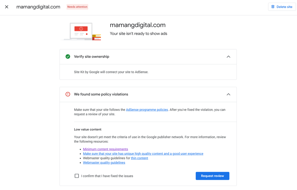 Google AdSense message saying mamangdigital.com is not ready to show ads