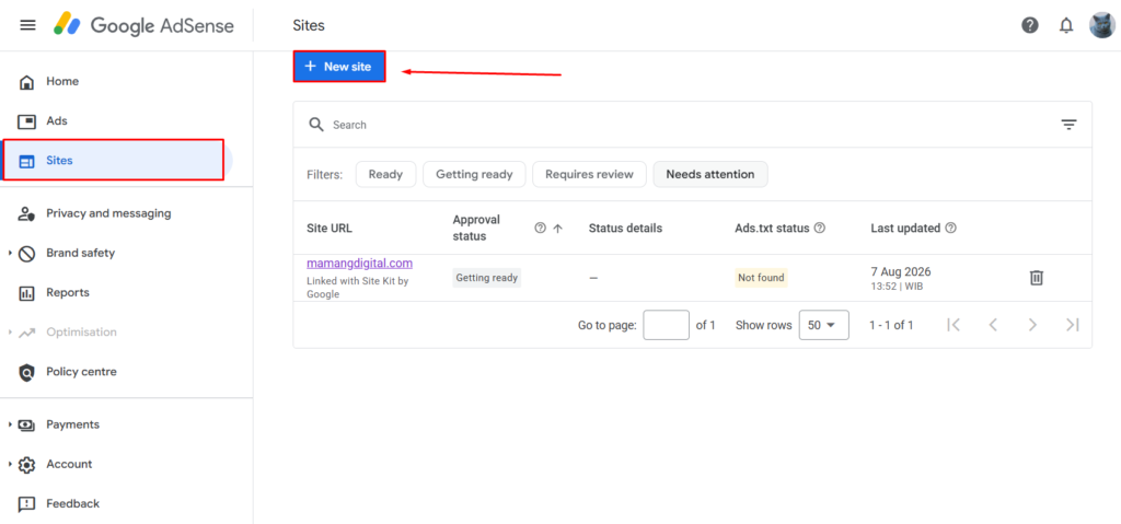 AdSense Sites page showing the New site button above the sites table