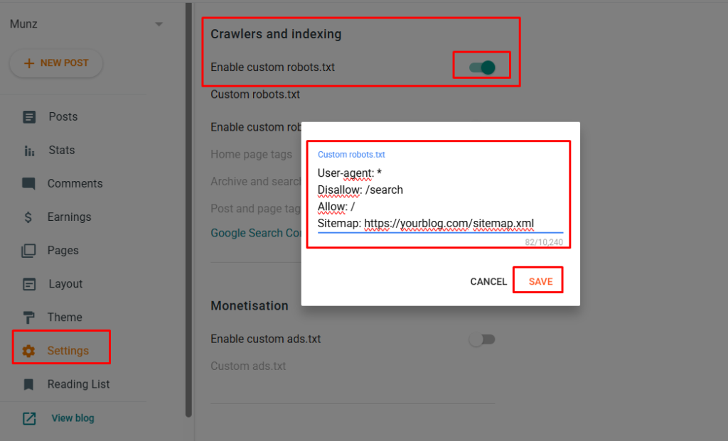 Default Blogger robots.txt file opened in a browser showing the Disallow slash search and Sitemap lines