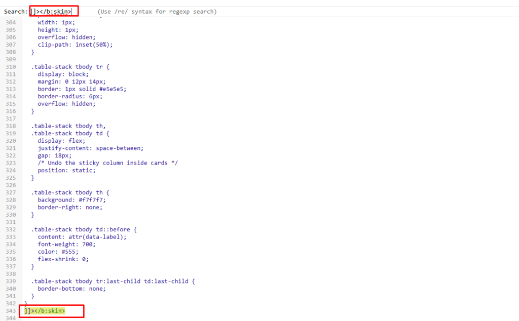 Blogger Edit HTML editor with custom table CSS pasted above the b:skin closing tag
