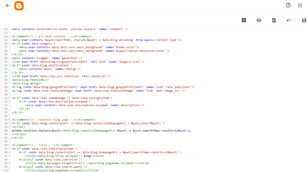 editor.png	Blogger Edit HTML editor with the theme code selected before pasting a replacement