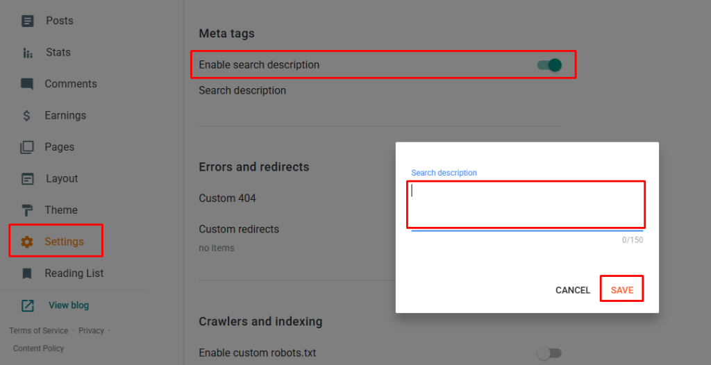 Enable search description toggle switched on in Blogger Settings with the homepage description box below it