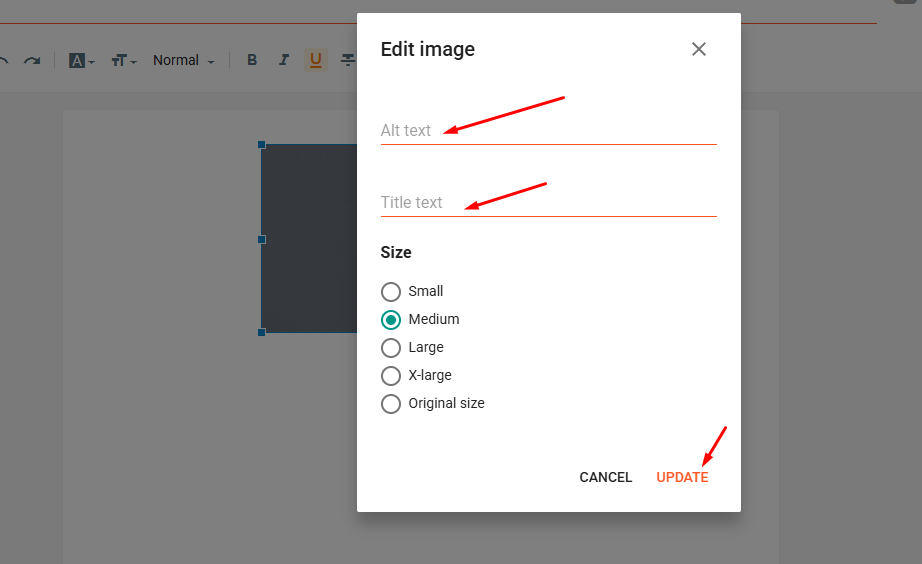 Blogger image properties dialog with the Alt text field filled in and Title text left empty