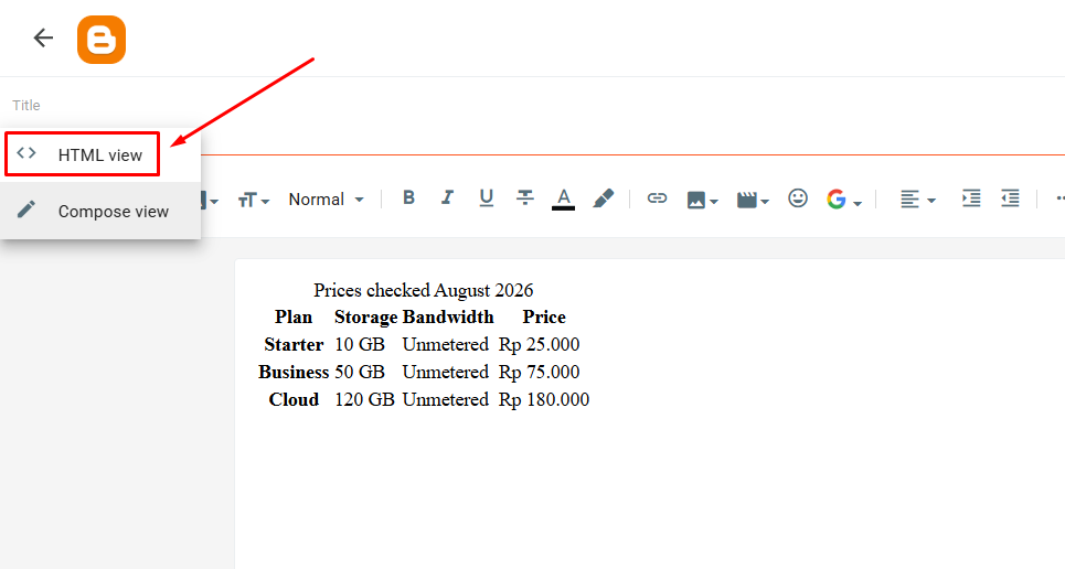 Blogger post editor with the HTML view toggle selected and table markup visible