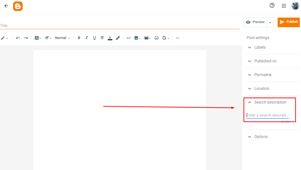 Search Description field filled in inside the Blogger post editor sidebar