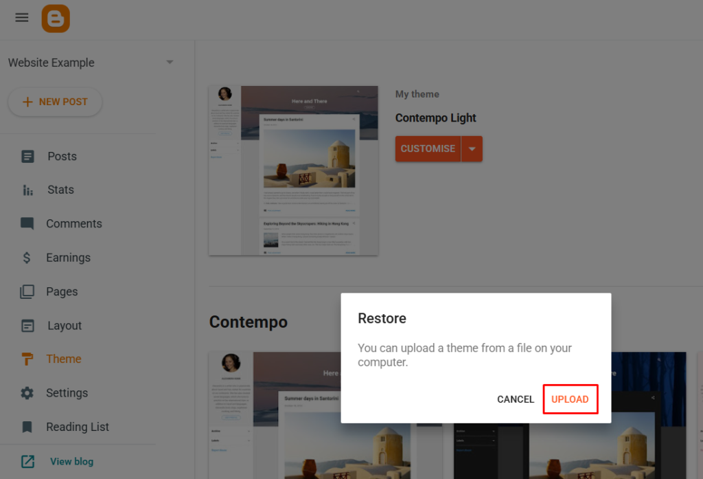 Blogger Restore dialog with the Upload button ready to accept an XML theme file