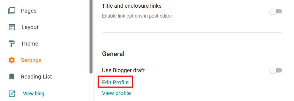 Blogger Settings page with the User Profile link under the General section