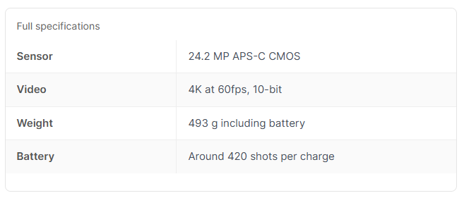 Two-column specification table listing camera sensor, video, weight and battery
