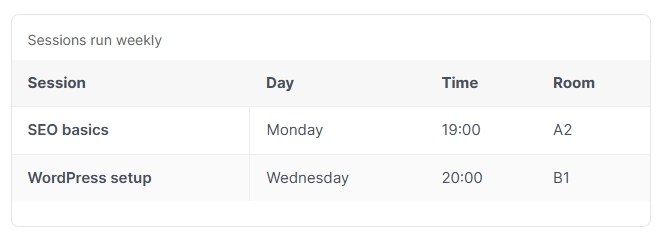 Schedule table shown as stacked cards on a phone with column labels beside each value