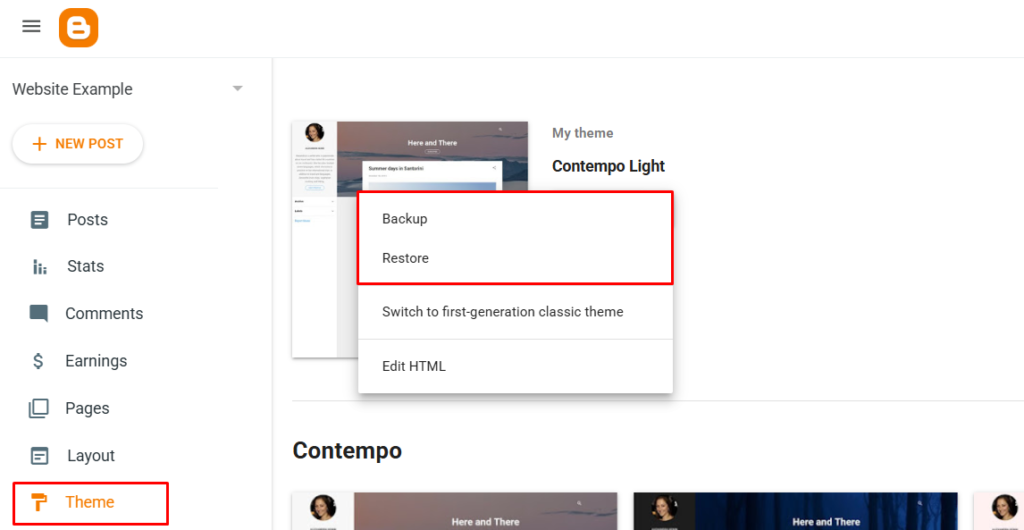 Dropdown next to the Customise button in Blogger showing Backup and Restore