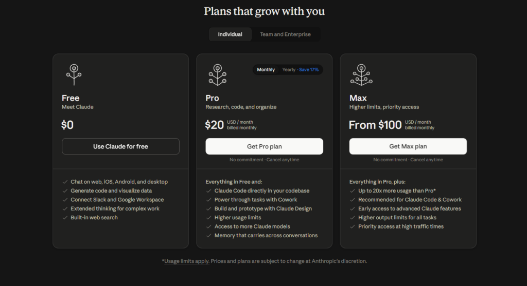 Official Claude pricing page showing the Pro, Max 5x and Max 20x plans