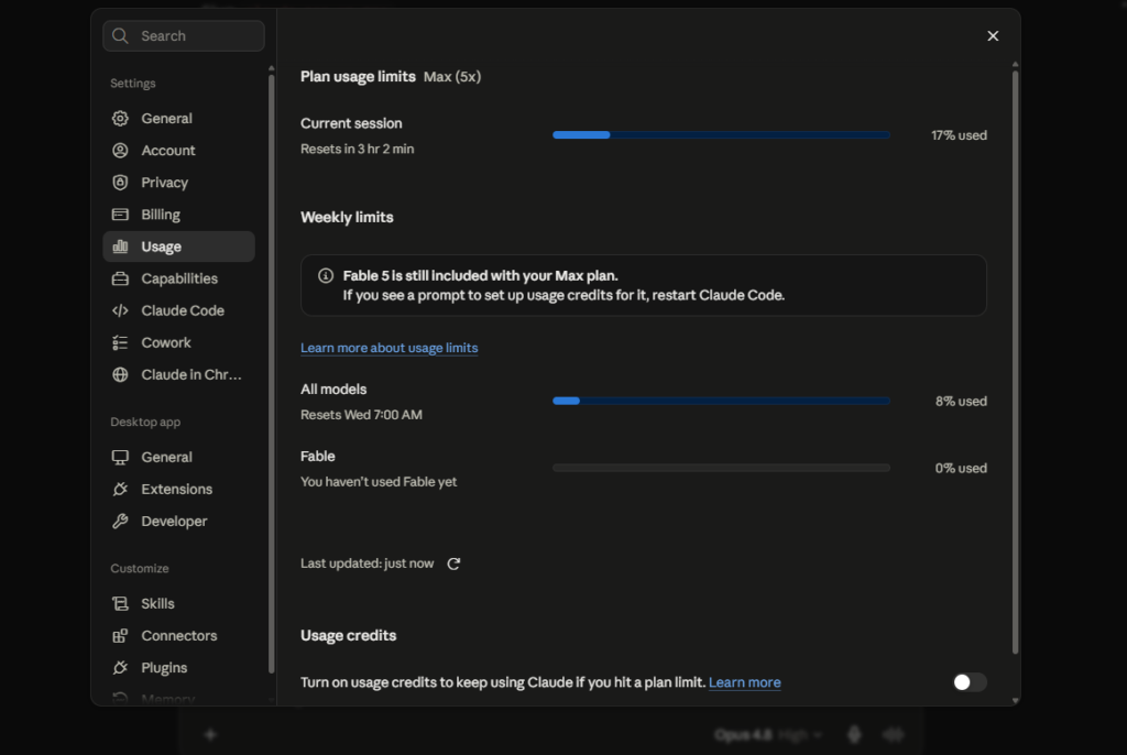 Claude Settings Usage screen with session and weekly progress bars