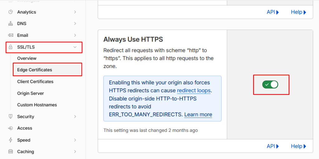 Cloudflare Edge Certificates page with Always Use HTTPS and Automatic HTTPS Rewrites switched on