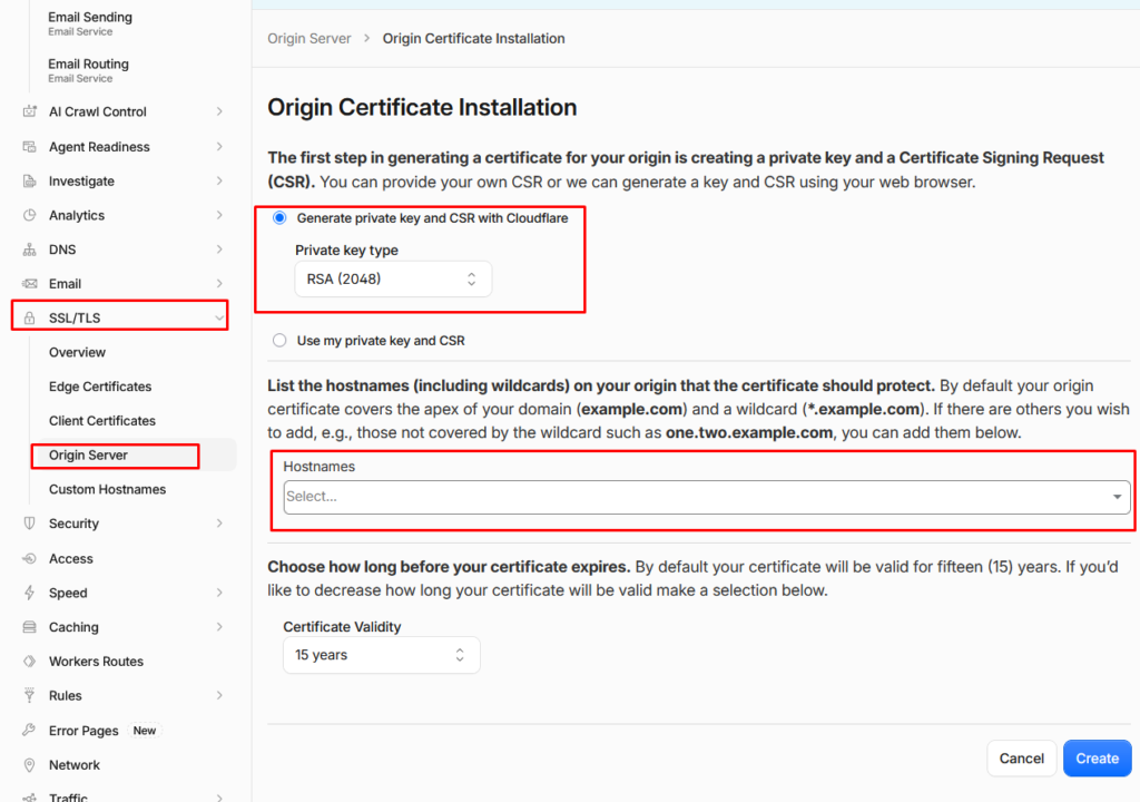 Cloudflare Origin Server tab with the Create Certificate dialog and 15 year validity selected