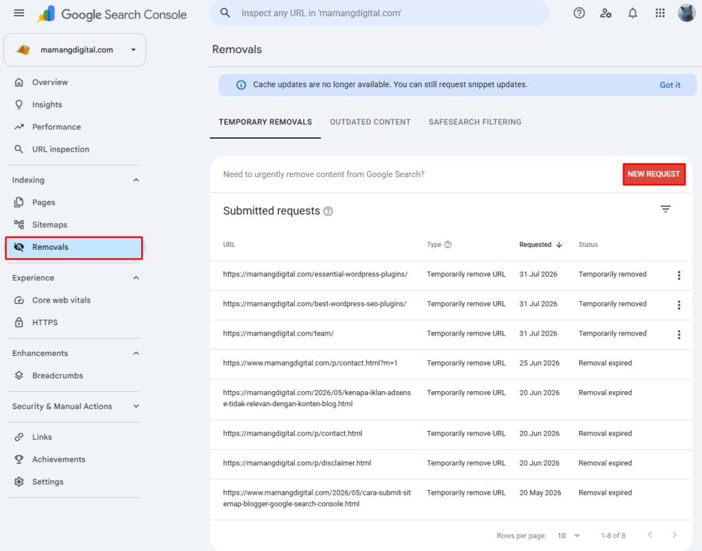 New Request dialog in Search Console with the temporary removal tab and the prefix option visible