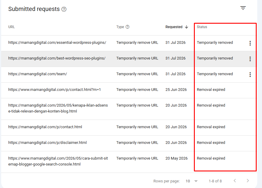 Removals report table listing request statuses including temporarily removed and expired