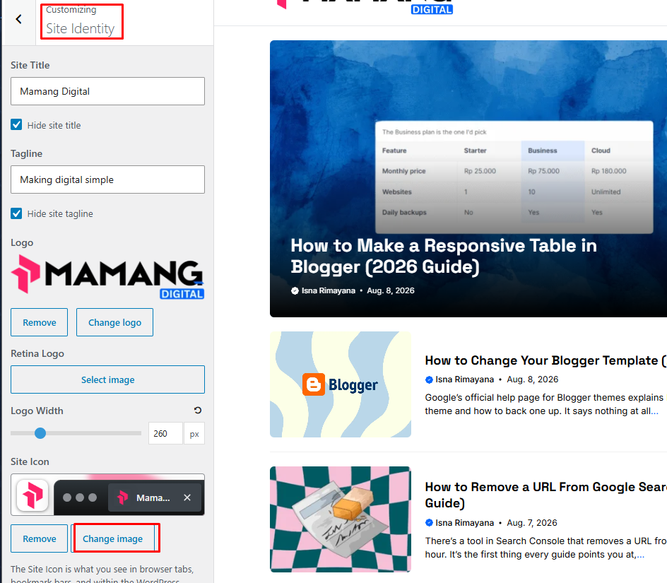 Site Identity panel in the WordPress Customizer showing the Site Icon option