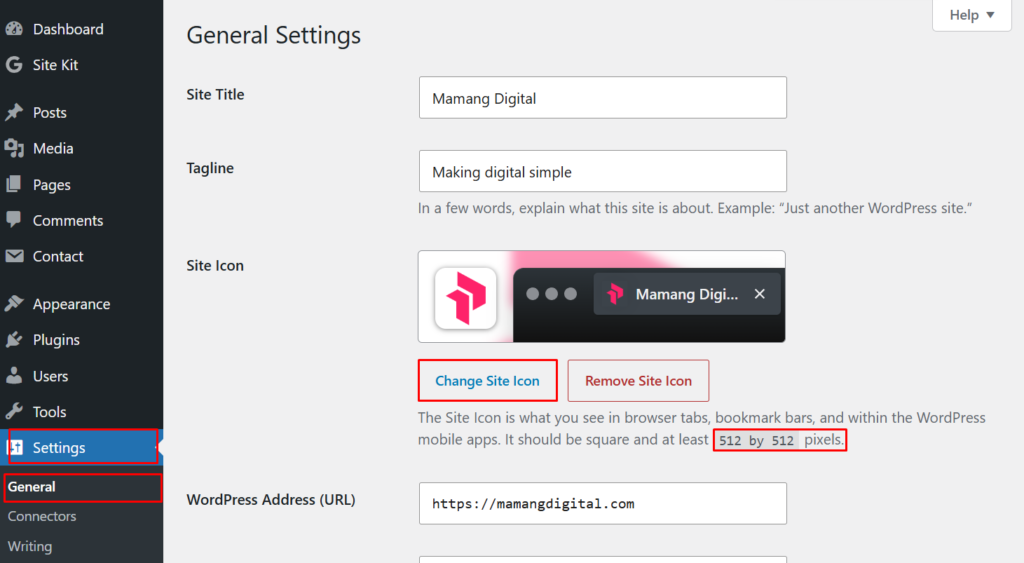 Site Icon section at the bottom of the WordPress Settings General page